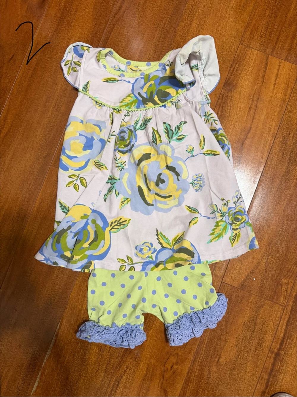 Matilda Jane Yellow Blue Floral Tunic & Lime Polka Dot Ruffle Shorts